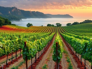 Fototapeta premium Majestic Vineyard at Sunset Overlooking Scenic Landscape with Rolling Hills and Ocean in Background, Captivating Vines in Rows