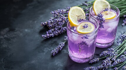 A bouquet of lavender flowers, two lavender lemonades, and a copy space black table