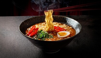 A dramatic shot of a bowl of spicy ramen with red chili oil