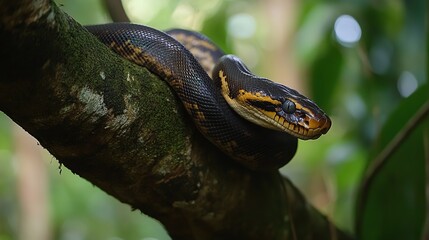 Obraz premium A black and yellow snake with a blue eye, wrapped around a tree branch covered in moss, with a blurred green background.