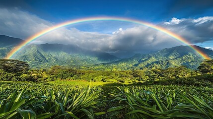 Obraz premium A rainbow illuminates the sky over a verdant valley, with majestic mountains looming in the background and wispy clouds overhead