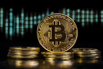 Bitcoin coins. Gold Bitcoin with Candle stick graph chart and digital background.