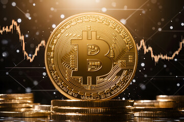 Bitcoin coins. Gold Bitcoin with Candle stick graph chart and digital background.