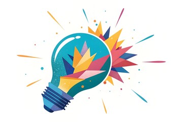 A light bulb with its filament sparking an explosion of vibrant colors and abstract shapes, like a burst of creative energy. 