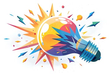 A light bulb with its filament sparking an explosion of vibrant colors and abstract shapes, like a burst of creative energy. 