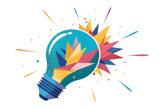 A light bulb with its filament sparking an explosion of vibrant colors and abstract shapes, like a burst of creative energy. 