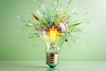 A light bulb with its filament sparking an explosion of vibrant colors and abstract shapes, like a burst of creative energy. 