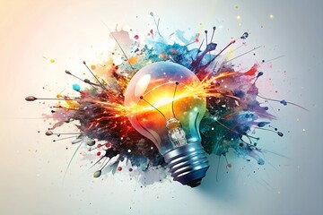 A light bulb with its filament sparking an explosion of vibrant colors and abstract shapes, like a burst of creative energy. 