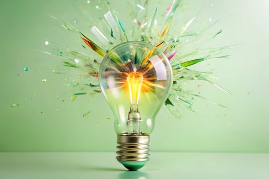 A light bulb with its filament sparking an explosion of vibrant colors and abstract shapes, like a burst of creative energy. 