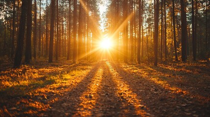 Fototapeta premium A dirt road lies amidst a forest, bathed in sunlight filtering through the tree canopy above, casting dappled shadows on the leaf-strewn ground below