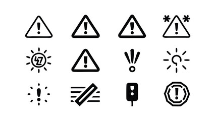 Set of 7 warning and risk icons in linear style.