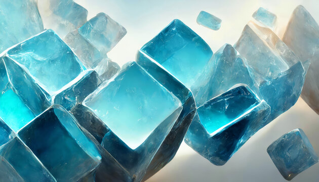 Abstract art of 3D render geometric transparent translucent floating falling tropical ocean blue ice cubes blocks, clear volumetric square shapes in motion on grey, white and soft yellow background.