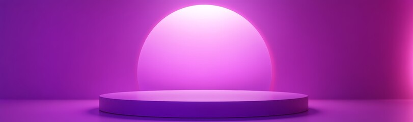 Obraz premium Empty podium stage in a minimalistic purple room. Round dais or platform in modern interior design. Perfect for product presentation.