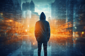 cybersecurity concept. Futuristic double exposure. Unknown man and city overlayed with data. High quality photo