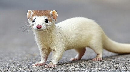 Fototapeta premium A brown and white ferret stands atop a gravel road, near a gray-white grass field
