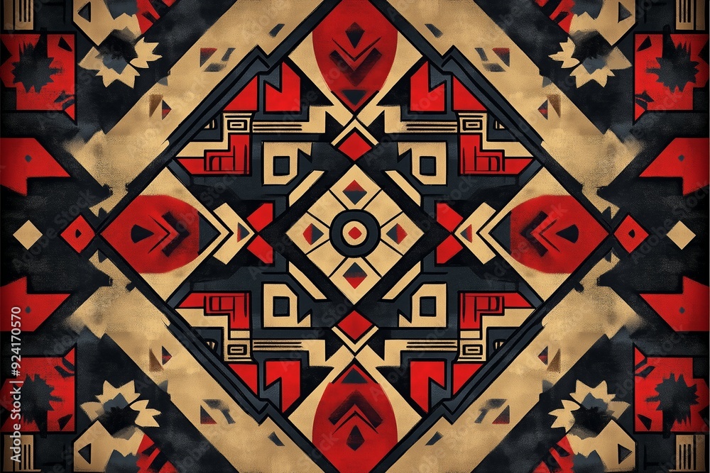 Canvas Prints Intricate geometric patterns in red, black, and gold with tribal influences displayed in a symmetrical design