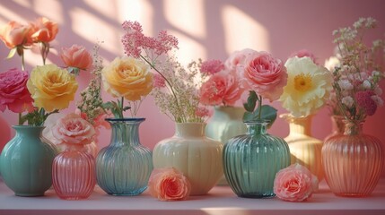 Blooming Beauty: A Bouquet of Colorful Flowers in Vases