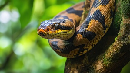 Fototapeta premium A close-up of a snake with a black, yellow, and orange pattern wrapped around a tree trunk, with green foliage blurred in the background.