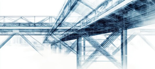 Fototapeta premium Double exposure illustration showing a steel infrastructure with an overlaid blueprint design