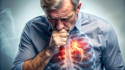 Coughing man with lung disease, lung cancer