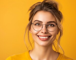 Fototapeta premium Young Woman Smiling in Glasses with Yellow Background - Close-up Portrait Photograph for Lifestyle and Happiness Concepts