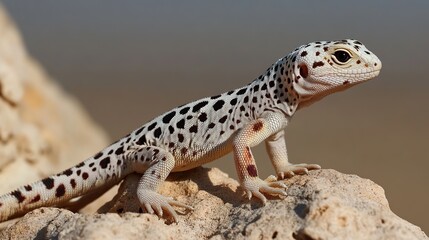 A close-up of a white and black spotted lizard with red markings on its legs, perched on a rock against a blurred background.