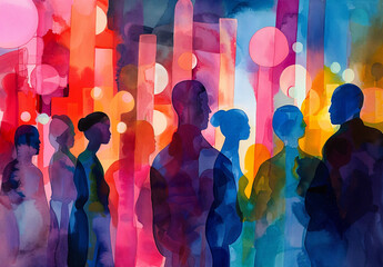 Watercolor painting - Close up Silhouettes of crowd of people, hand painted in vibrant color, abstract crowd, people, friends and lifestyle, party event themed illustration, nightclub or music