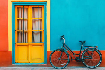 A bicycle leaning against a colorful building facade.