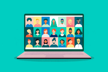 A laptop displaying a video call with diverse people from around the world.