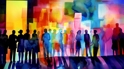Watercolor painting - Silhouettes of a vibrant crowd of people, hand painted in vibrant color, abstract crowd, people, friends and lifestyle, party event themed illustration, nightclub or music