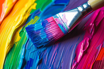 Fototapeta premium A paintbrush dipped in a rainbow of colors, ready to create.