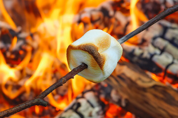 A single campfire marshmallow roasting on a stick over a fire.