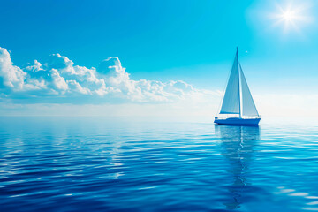 Obraz premium A single sailboat gliding across a calm blue ocean.