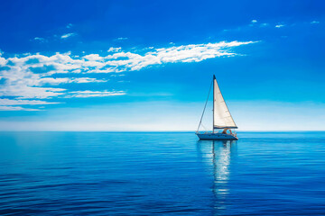 Obraz premium A single sailboat gliding across a calm blue ocean.