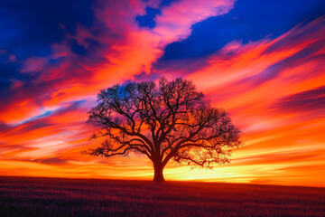 A single tree silhouetted against a vibrant sunset.