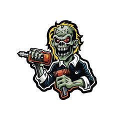 A zombie with yellow hair holding a power drill.