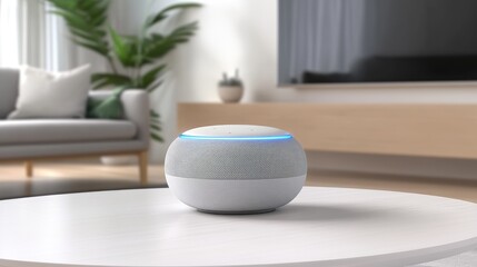 A smart speaker sits on a table, adding a touch of modern technology to a stylish living room featuring a light grey and blue color theme