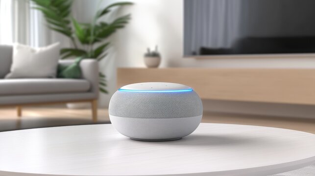 A smart speaker sits on a table, adding a touch of modern technology to a stylish living room featuring a light grey and blue color theme