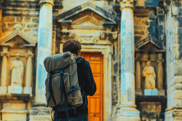 A student with a worn-out backpack leans against a historical landmark, taking a moment to capture the grandeur of the architecture in a phone photo.