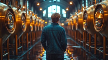 Fototapeta premium Man walking past Industrial Brewery Tanks