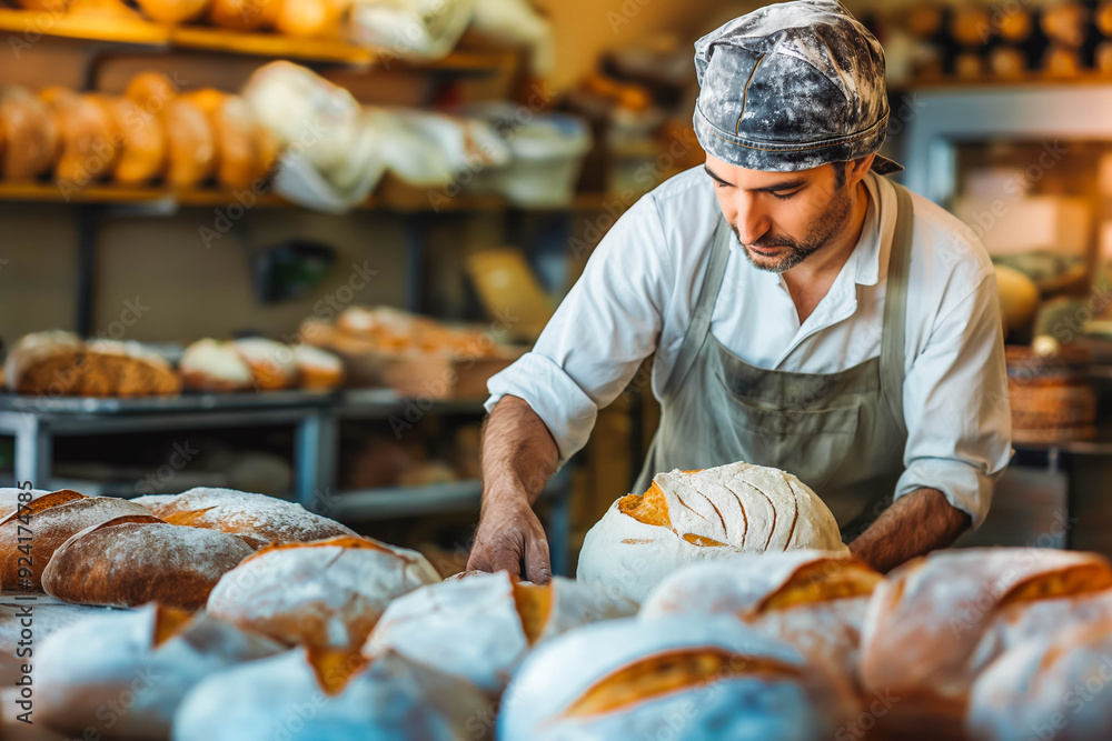 Wall mural baker making artisan bread in traditional bakery