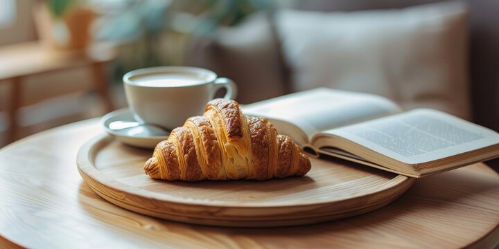 Selective focus on croissant and coffee on wooden plate next to book on round table Cozy breakfast in home interior