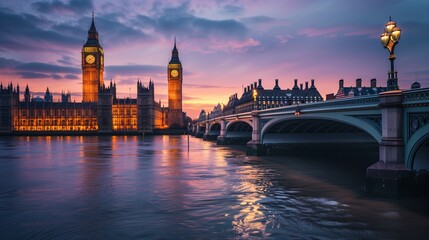 Fototapeta premium Stunning Sunset Over Westminster Bridge and Big Ben in London - Beautiful Cityscape Photograph