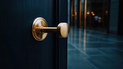 Obraz premium A close-up view of a brass door lock features a keyhole, framed in black and gold, while the interior design concept store creates an elegant atmosphere in the background