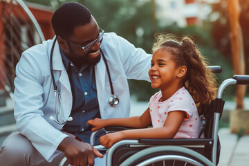 Obraz premium Young multiracial doctor having fun with little girl on wheelchair.
