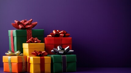   A stack of colorfully wrapped gifts atop a matching tablecloth