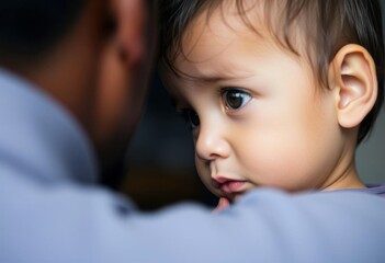 Close-up of a 2-year-old with light brown hair and blue eyes, serious expression.