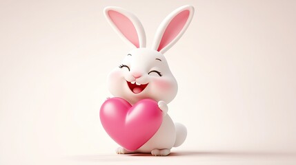 A cute white bunny with big pink ears holds a big pink heart. The bunny is smiling and has a big, happy expression.