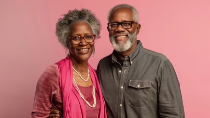 Obraz premium A joyful elderly couple poses together with smiles, showcasing their love and connection in a studio setting