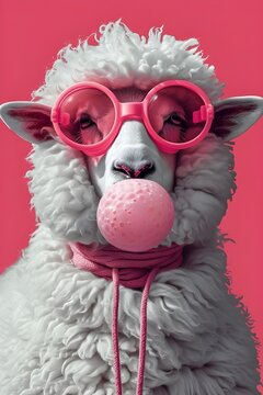 A sheep illustration in pink background with pink sunglasses and a bubble gum..
